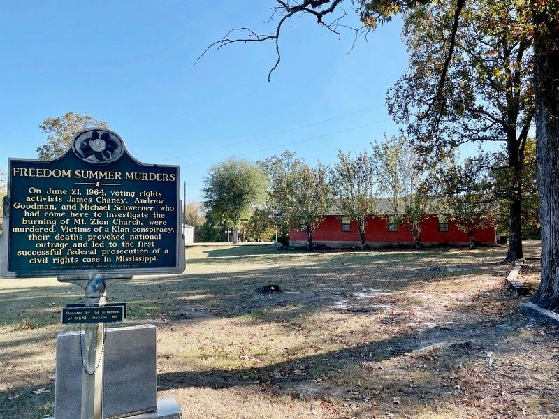 Freedom Summer Murders Marker at Mount Zion United Methodist Church. image. Click for full size.