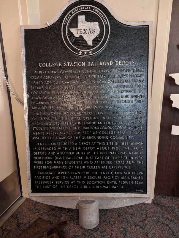 College Station Railroad Depots Marker - Marker is in storage. Click for full size. College Station Railroad Depots Marker - Marker is in storage image. Click for full size.
