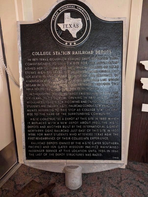 College Station Railroad Depots Marker - Marker is in storage image. Click for full size.