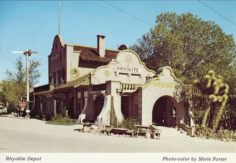 Old Postcard -- Rhyolite Train Depot. Click for full size. Old Postcard -- Rhyolite Train Depot image. Click for full size.