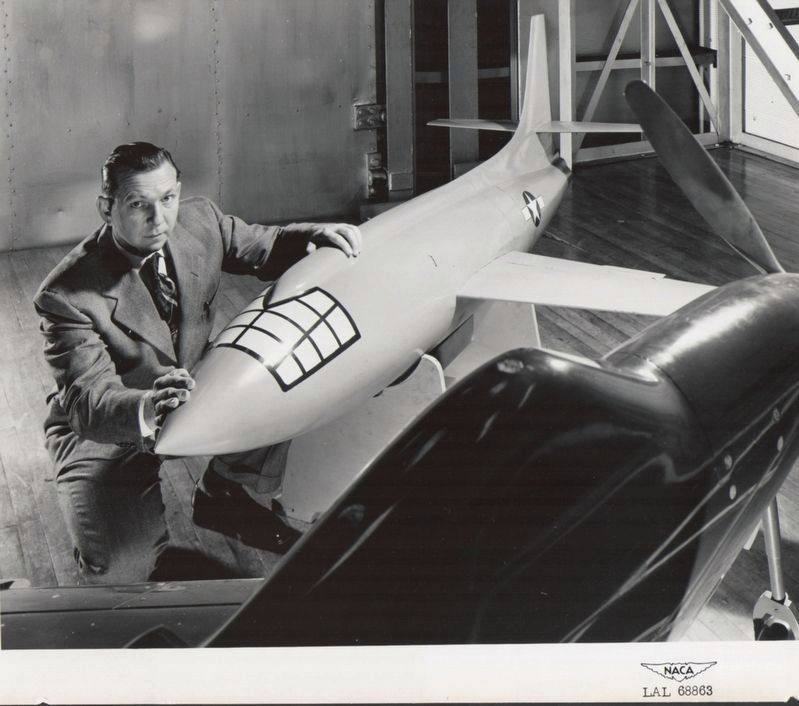 Herb Hoover with a scale model of the Bell X1 image. Click for full size.