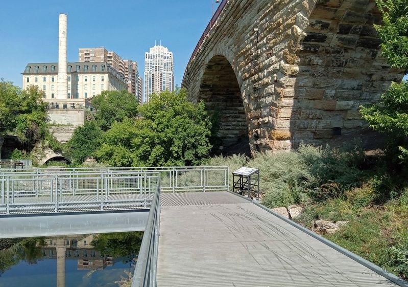 Minneapolis Underground Marker in Mill Ruins Park, with the tailrace on the left. Click for full size. Minneapolis Underground Marker in Mill Ruins Park, with the tailrace on the left image. Click for full size.