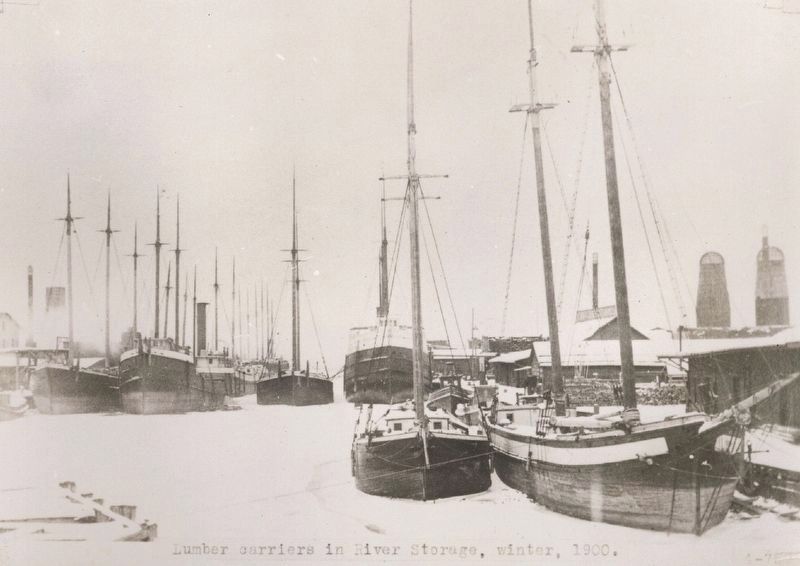 Lumber Carriers in River Storage, Winter, 1900. image. Click for full size.