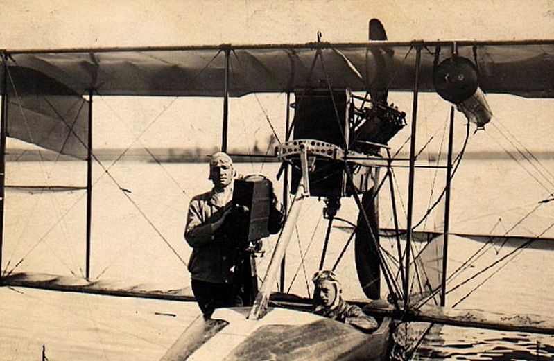 Jack Vilas, seated in the cockpit of his seaplane, c. 1915. image. Click for full size.