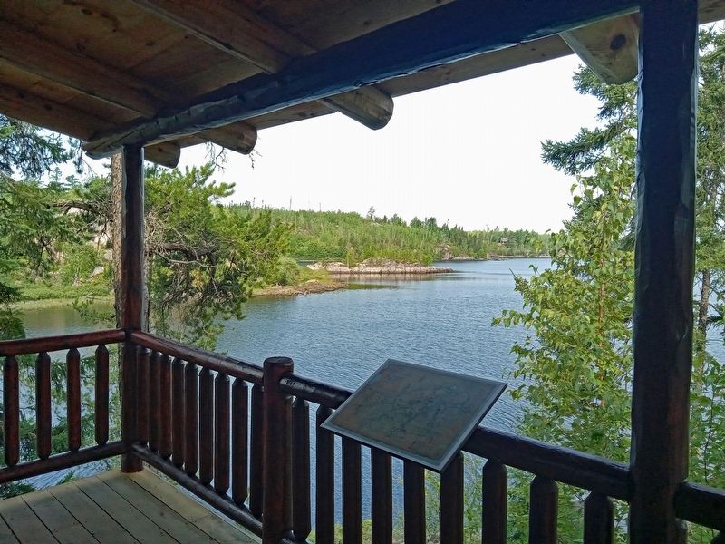 Map of Saganaga Lake marker on the porch of the American Plan Cabin image. Click for full size.