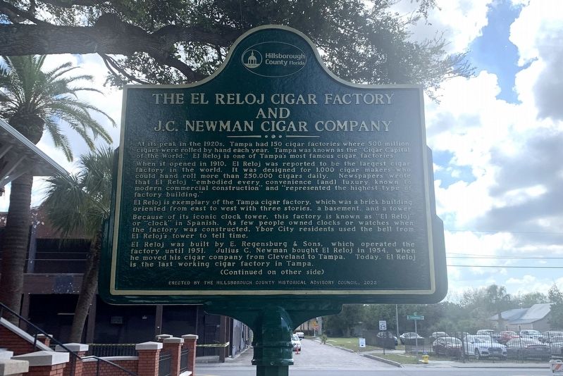 The El Reloj Cigar Factory and J.C. Newman Cigar Company Marker Side 1. Click for full size. The El Reloj Cigar Factory and J.C. Newman Cigar Company Marker Side 1 image. Click for full size.
