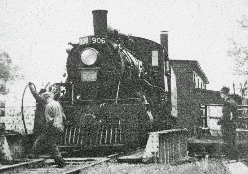 Marker detail: A locomotive at the turntable, near the present Harbour & St. George Streets. image. Click for full size.