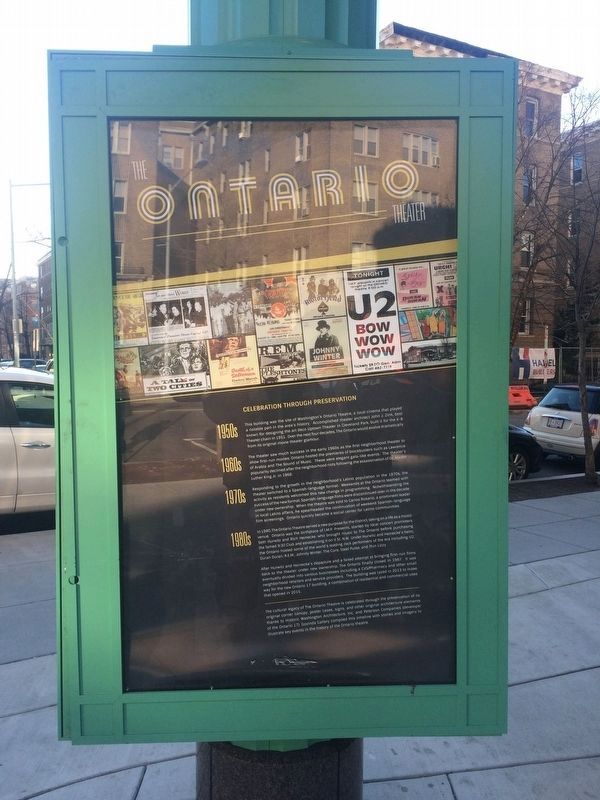 Poster on the grounds sharing the history of the Ontario Theater (English) image. Click for full size.