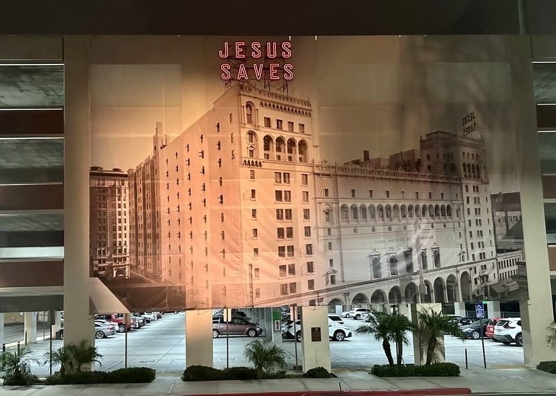 Jesus Saves Historic Replica Marker - wide view, night image. Click for full size.
