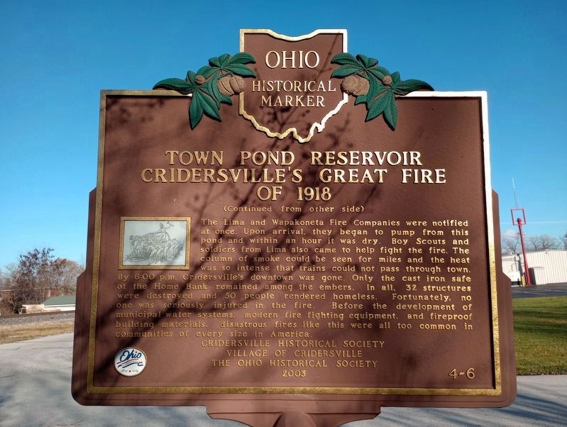 Town Pond Reservoir Cridersville's Great Fire of 1918 Marker image. Click for full size.