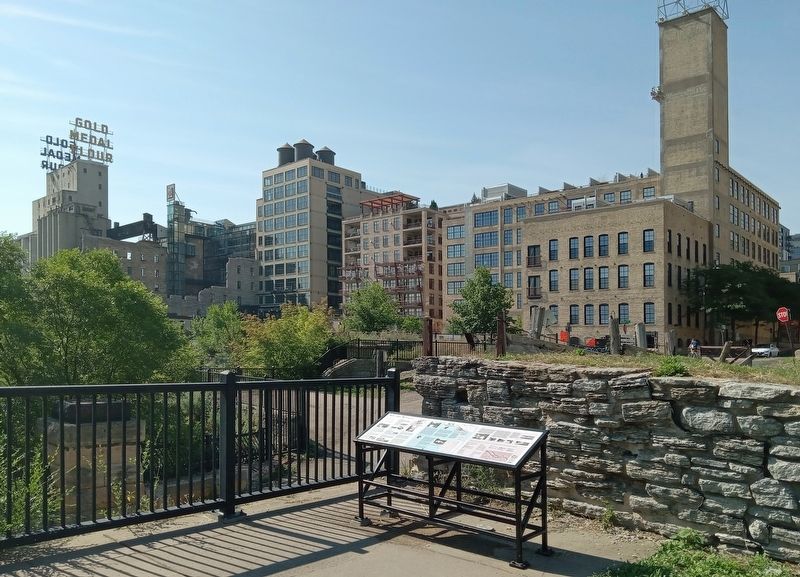 Mills and Millraces Marker on the walkway leading down to the St. Anthony Falls Visitor Center image. Click for full size.