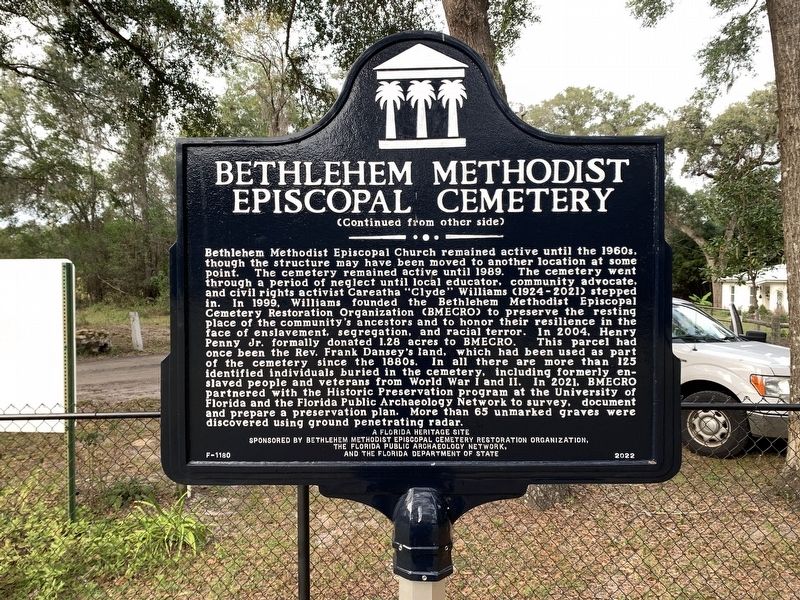 Bethlehem Methodist Episcopal Cemetery Marker Side 2 image. Click for full size.