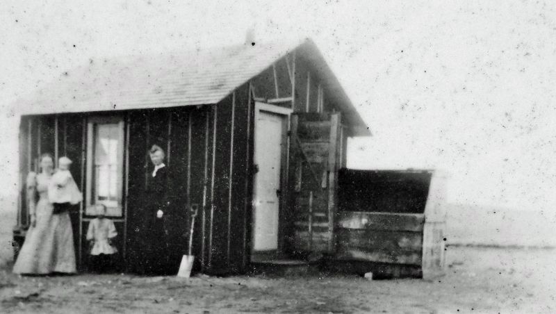 Marker detail: Belle Winden (later Engen) at her claim shack near Tagus, North Dakota, ca.1900. image. Click for full size.