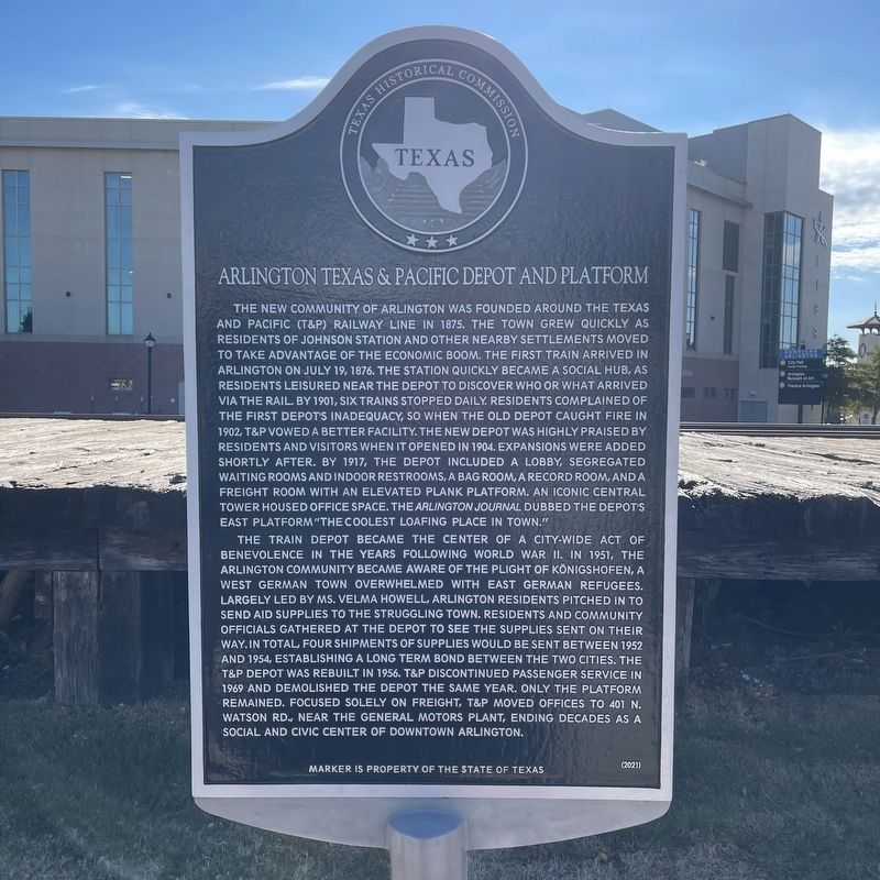 Arlington Texas & Pacific Depot and Platform Texas Historical Marker image. Click for full size.
