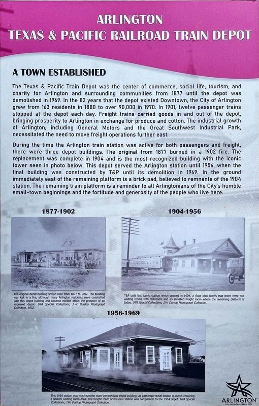 Arlington Texas & Pacific Depot interpretive. Click for full size. Arlington Texas & Pacific Depot interpretive image. Click for full size.
