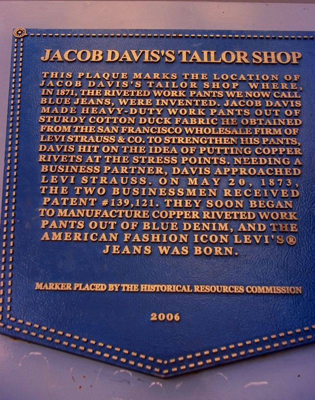 Jacob Davis's Tailor Shop Marker image. Click for full size.