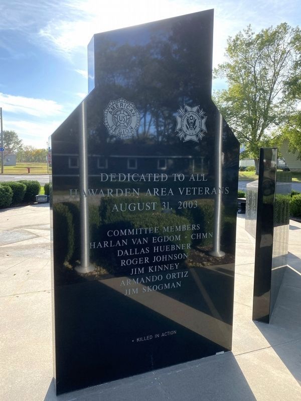 Hawarden, Iowa Veterans Memorial Marker, Back image. Click for full size.