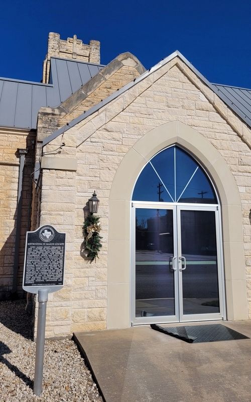 The Methodism in Mason County Marker in front of the church image. Click for full size.