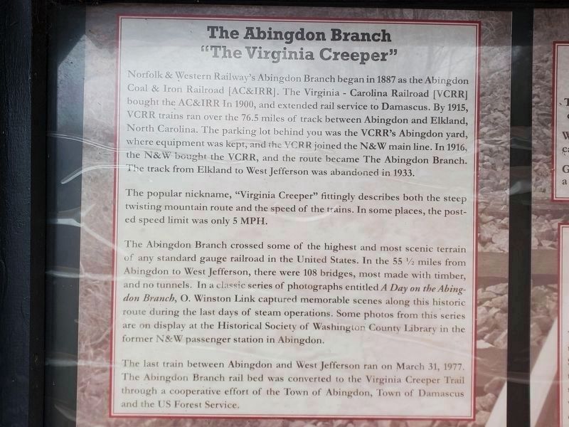 The Abingdon Branch "The Virginia Creeper". Click for full size. The Abingdon Branch "The Virginia Creeper" image. Click for full size.