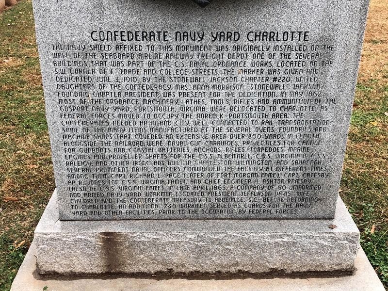 Confederate Navy Yard Charlotte Marker (front). Click for full size. Confederate Navy Yard Charlotte Marker (front) image. Click for full size.