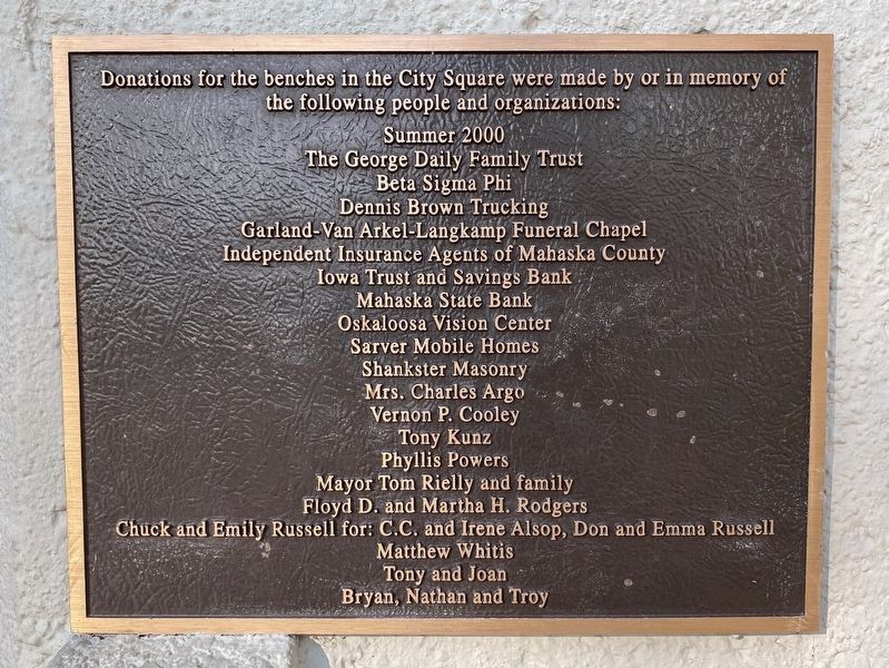 Oskaloosa City Park Bench Donations Marker. Click for full size. Oskaloosa City Park Bench Donations Marker image. Click for full size.