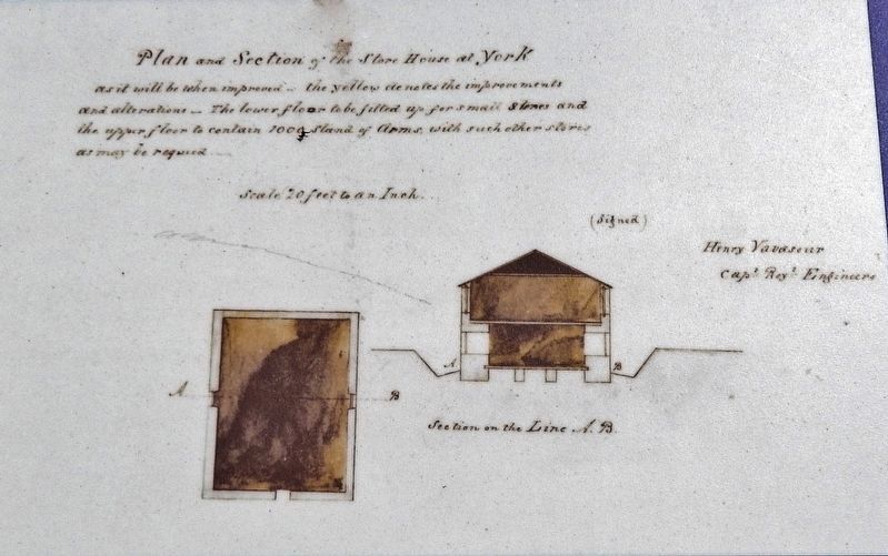 Marker detail: Plan and Section of the Store House at York image. Click for full size.