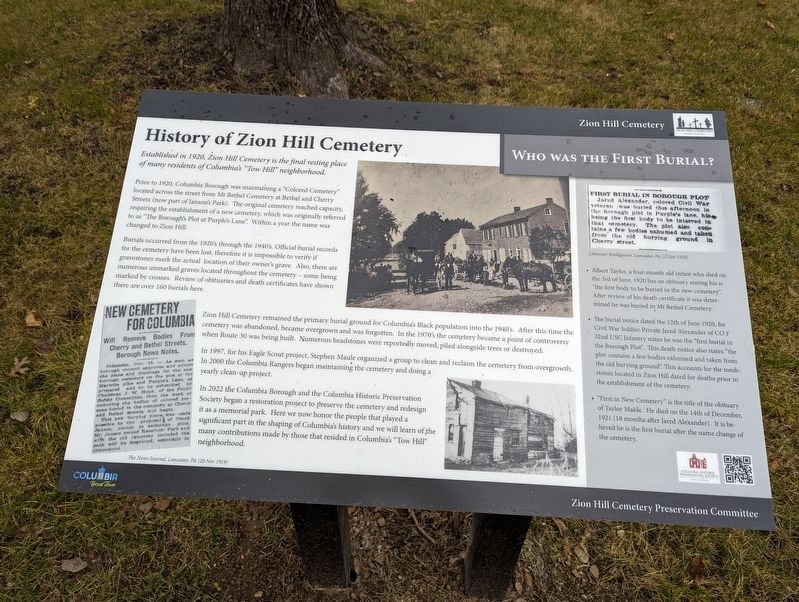 History of Zion Hill Cemetery Marker image. Click for full size.