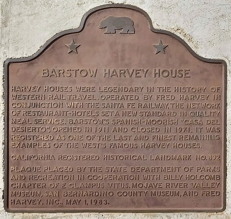 Barstow Harvey House Marker image. Click for full size.