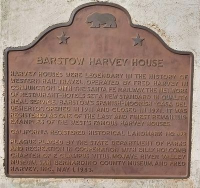 Barstow Harvey House Marker image. Click for full size.