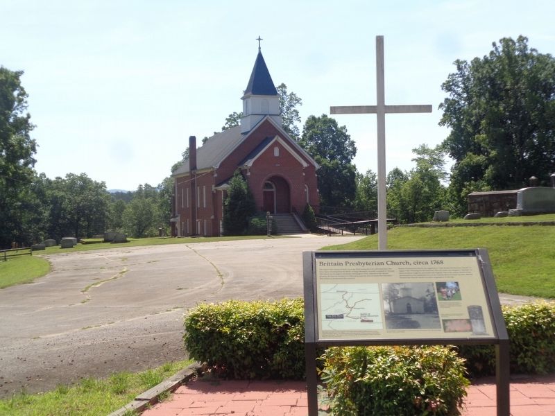 Brittain Presbyterian Church Marker with Church in Background image. Click for full size.