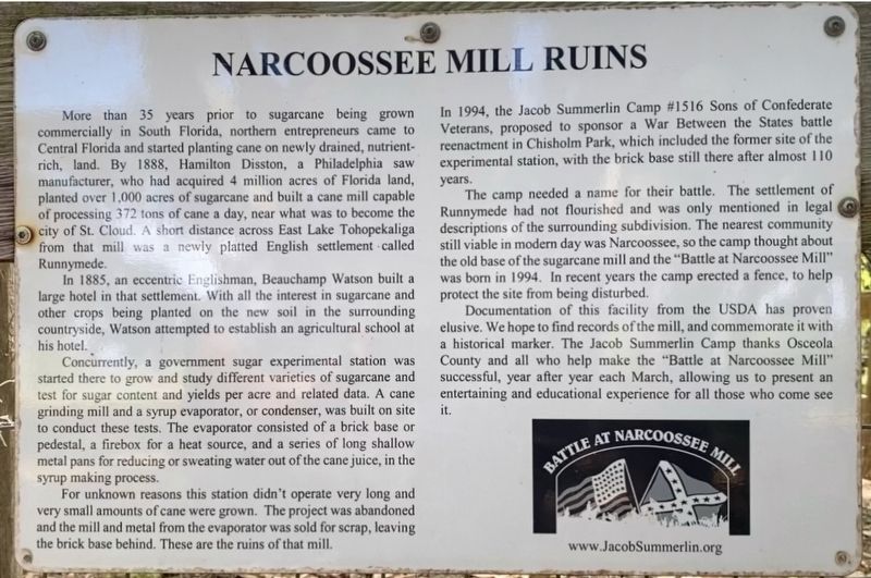 Narcoossee Mill Ruins Marker. Click for full size. Narcoossee Mill Ruins Marker image. Click for full size.