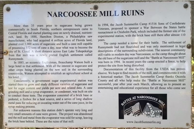 Narcoossee Mill Ruins Marker image. Click for full size.