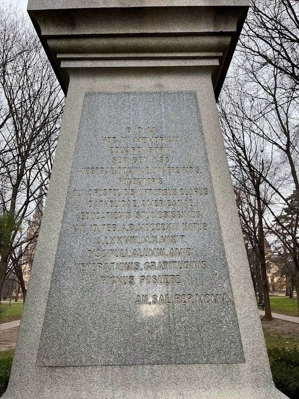 Close-up of the text on the Edward Sorin statue image. Click for full size.