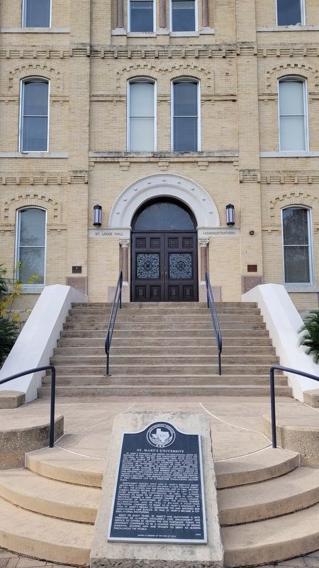 The St. Mary's University Marker in front of St. Louis Hall image. Click for full size.