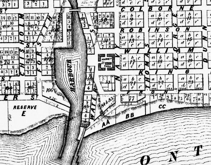 Map of Oakville in 1877, showing the Market and Town Hall image. Click for full size.