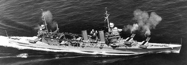 USS Minneapolis (CA 36) firing her 8"/55 main battery guns during battle practice, 29 March 1939. image. Click for full size.