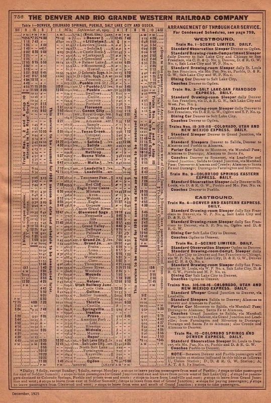 Denver & Rio Grande Western Timetable, December 1925. Click for full size. Denver & Rio Grande Western Timetable, December 1925 image. Click for full size.