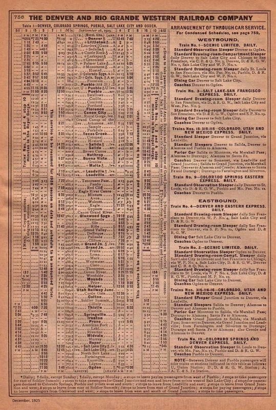Denver & Rio Grande Western Timetable, December 1925 image. Click for full size.
