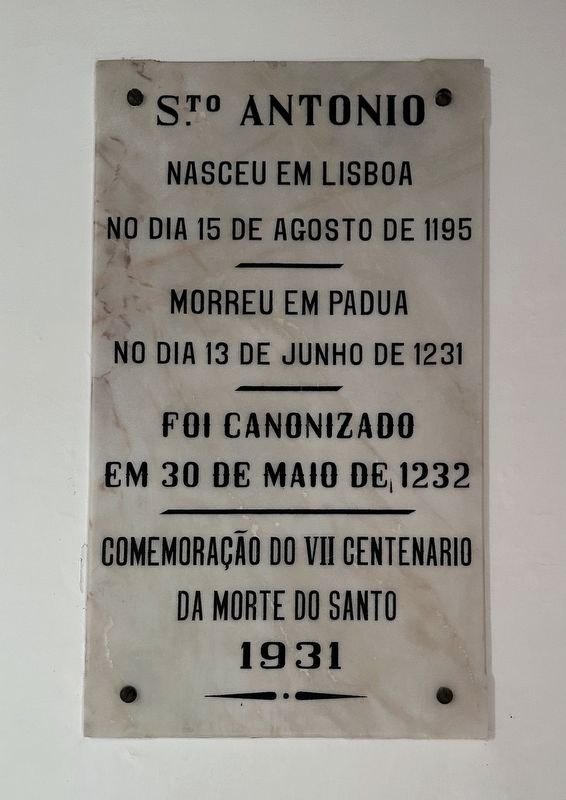 Church interior plaque concerning San António / Saint Anthony. Click for full size. Church interior plaque concerning San António / Saint Anthony image. Click for full size.