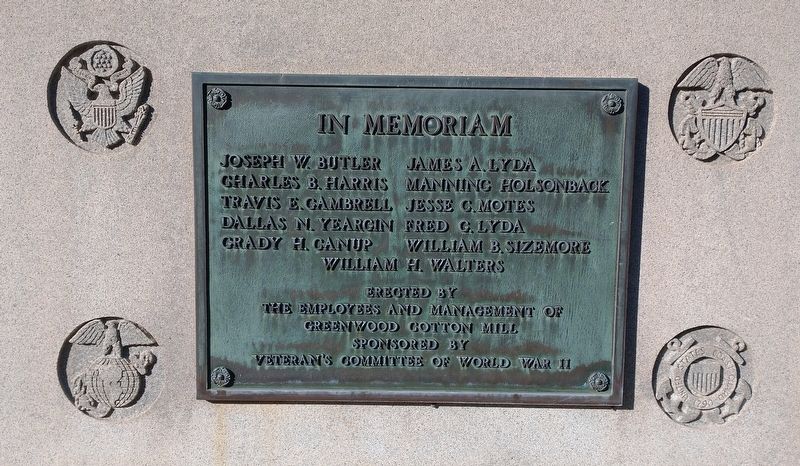 Greenwood Cotton Mill Veterans Memorial Marker image. Click for full size.