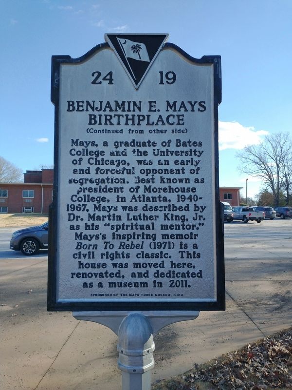 Benjamin E. Mays Birthplace Marker (Back) image. Click for full size.