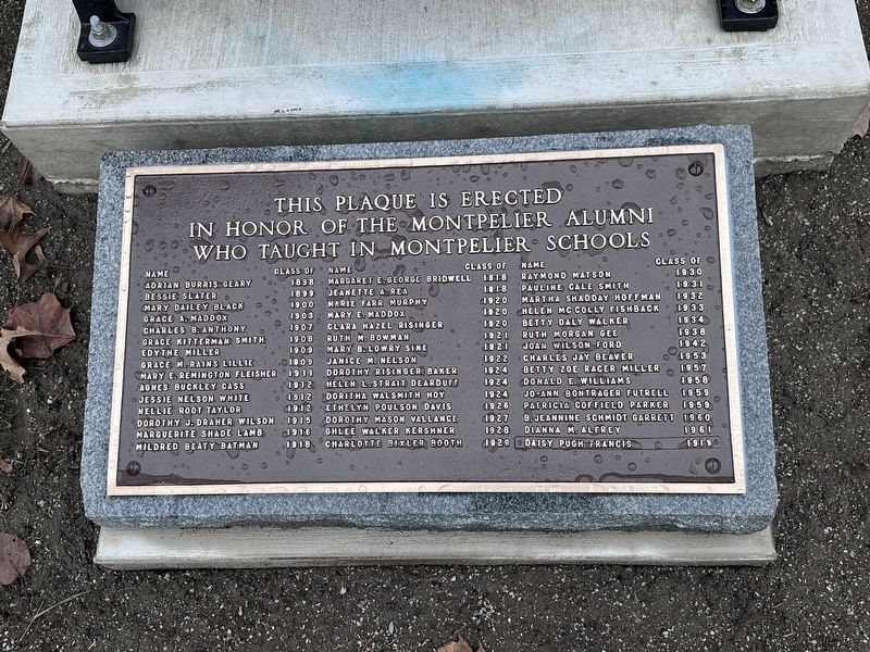 Montpelier Alumni Who Taught in Montpeliers Schools Marker. Click for full size. Montpelier Alumni Who Taught in Montpeliers Schools Marker image. Click for full size.