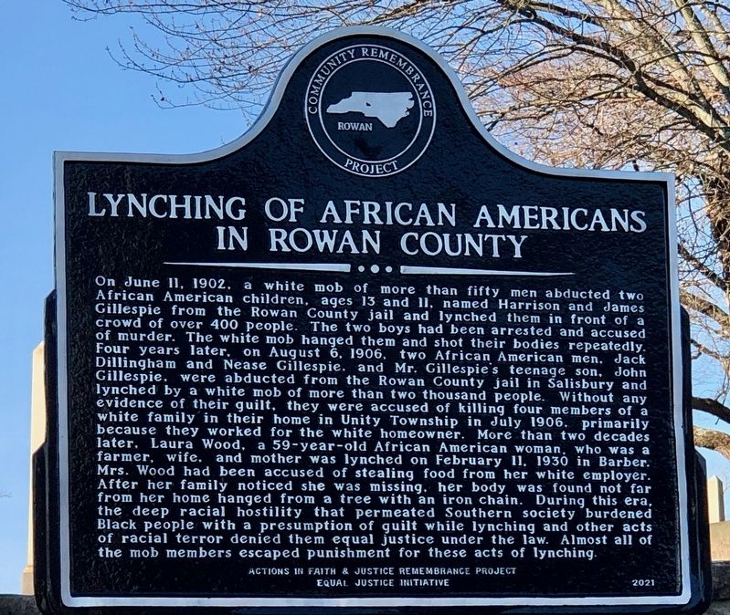 Lynching of African Americans in Rowan County side of marker image. Click for full size.