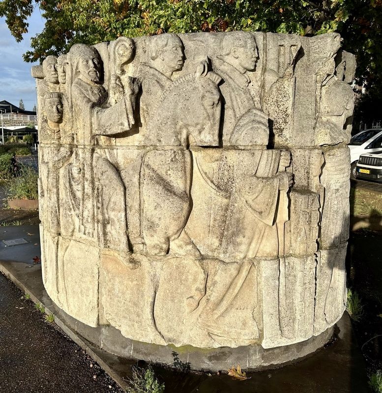 Wilhelmina Bridge Sculpture panel depicting the entry of Bishop Servatius. image. Click for full size.