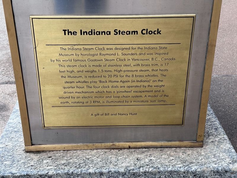 The Indiana Steam Clock Marker. Click for full size. The Indiana Steam Clock Marker image. Click for full size.