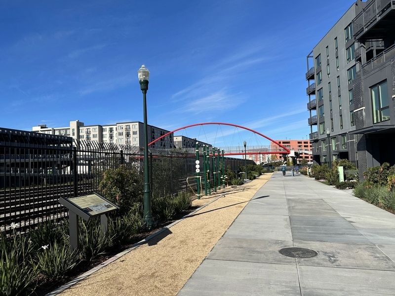 Emeryville�s Mexican Heritage Marker - wide view, looking north along the Emeryville Greenway image. Click for full size.