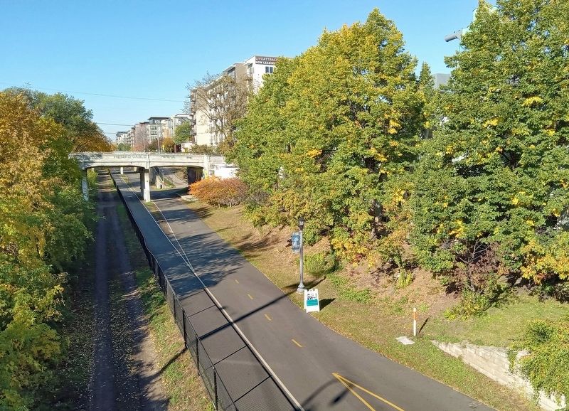 The Grade Separation Project below this marker, now the Midtown Greenway rail trail image. Click for full size.