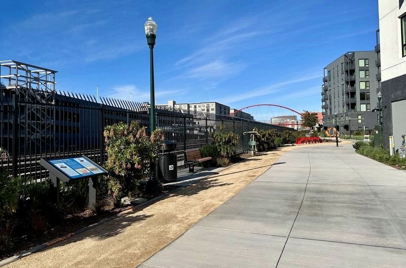 Two Emeryville Pioneers Marker - wide view, looking north along the Emeryville Greenway image. Click for full size.