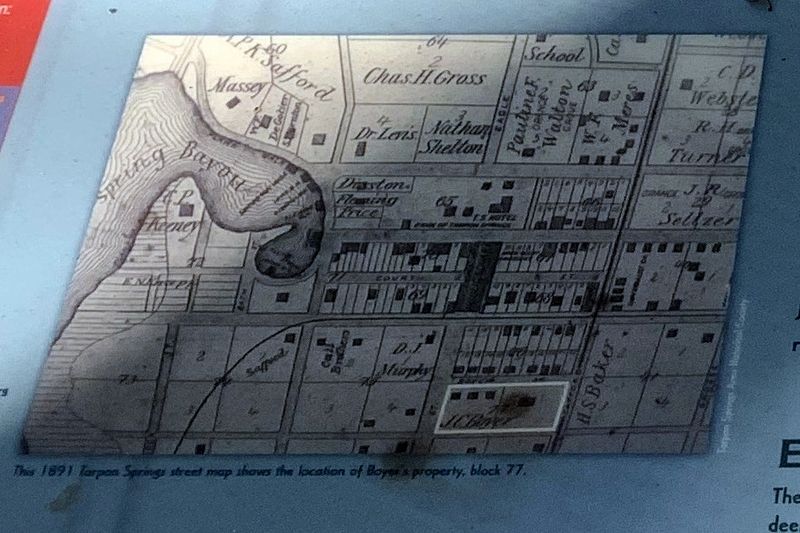 The 1891 Tarpon Springs street map shows the location of Boyer property, block 77. image. Click for full size.