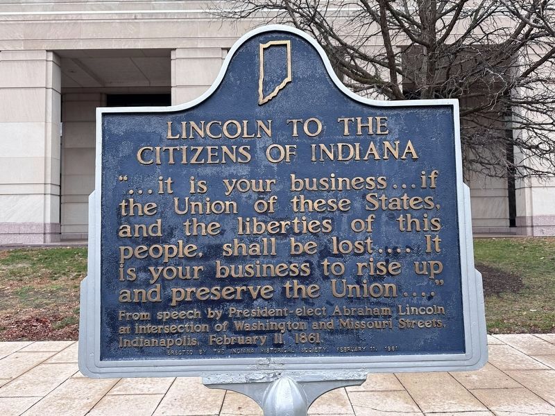 Lincoln to the Citizens of Indiana Marker image. Click for full size.